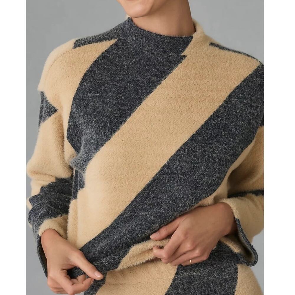 Anthropologie Diagonal Stripe Fuzzy Sweater in Beige and Charcoal